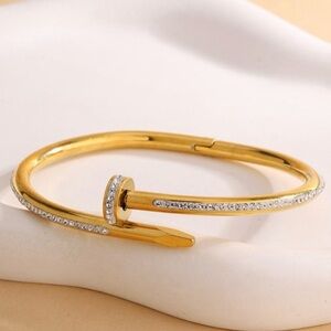 Gold Nail Cuff Bracelet w/ Crystal Accents – Adjustable Statement Bangle
